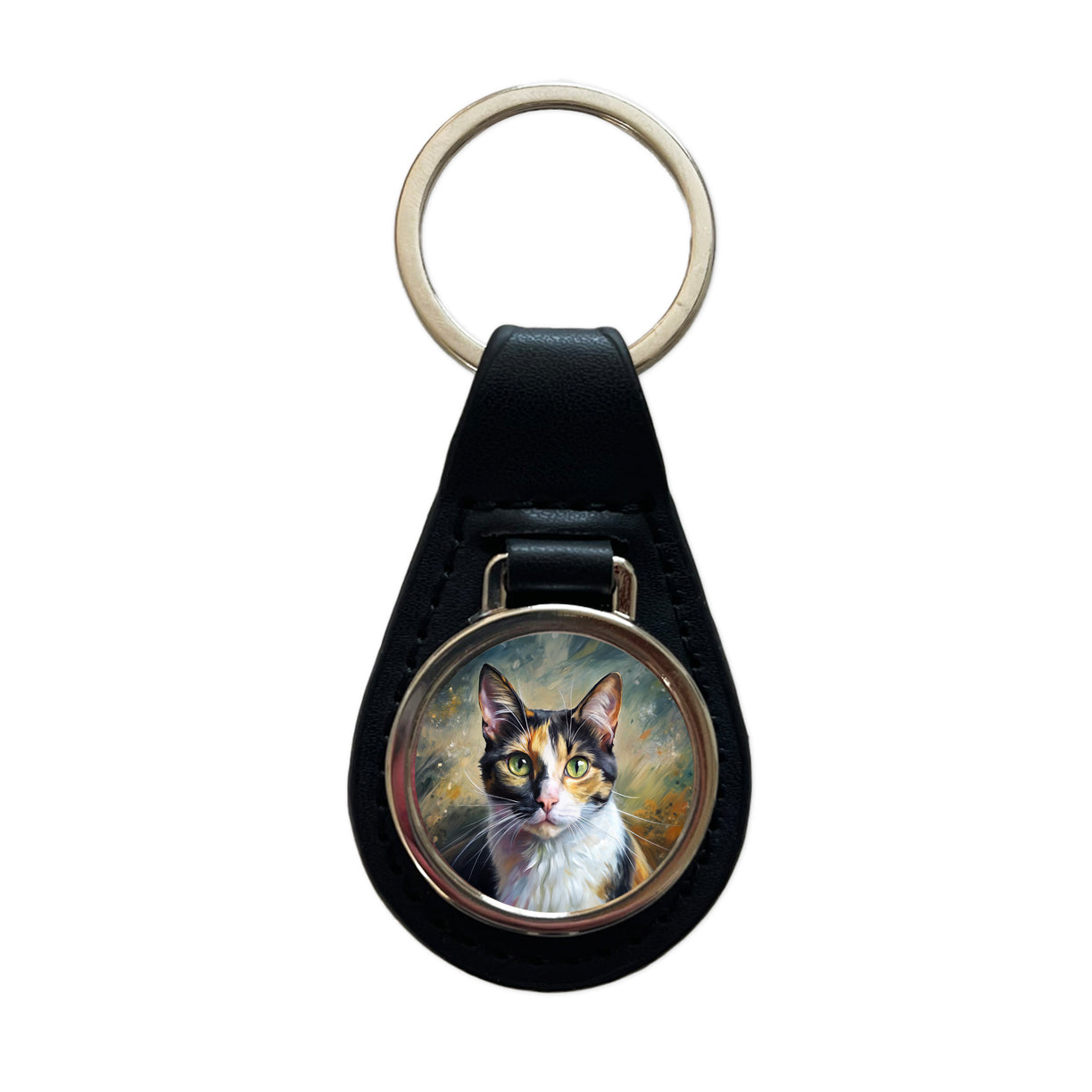 Calico Cat Expressionism Art Black Leather Metal Keychain