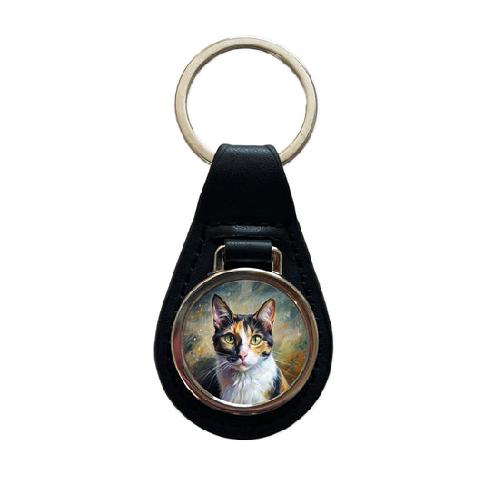 Calico Cat Expressionism Art Black Leather Metal Keychain
