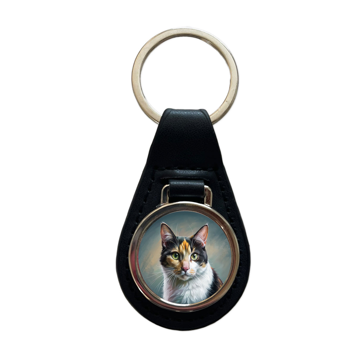 Calico Cat Illustration Black Leather Metal Keychain