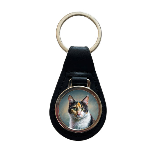 Calico Cat Illustration Black Leather Metal Keychain