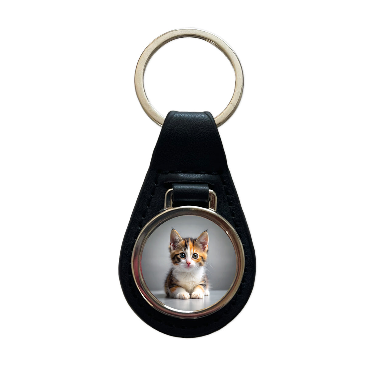 Calico Cat Kitten Photo Black Leather Metal Keychain