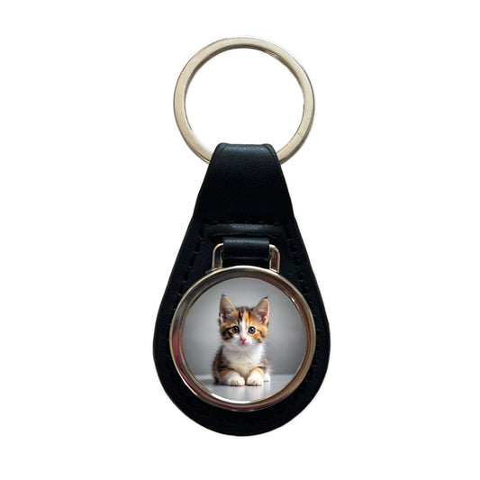 Calico Cat Kitten Photo Black Leather Metal Keychain
