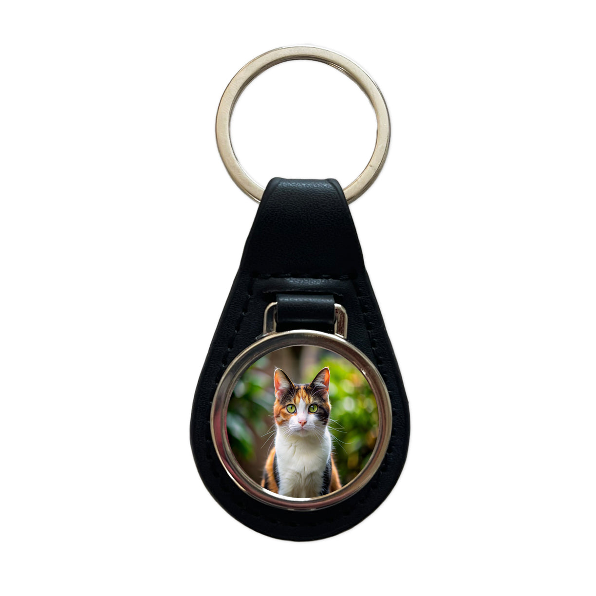 Calico Cat Photo Black Leather Metal Keychain
