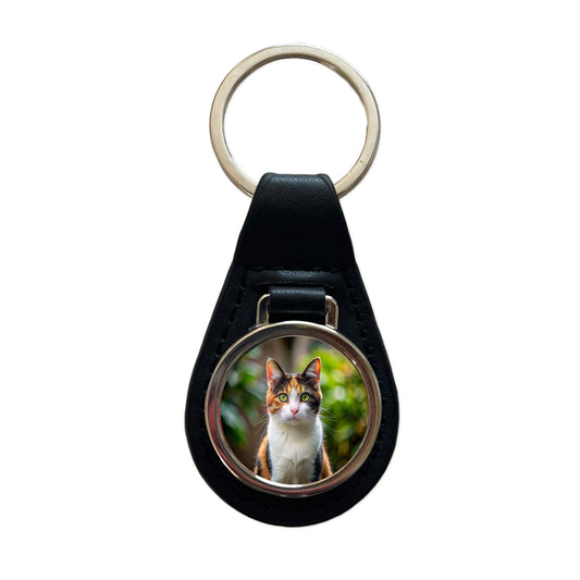Calico Cat Photo Black Leather Metal Keychain