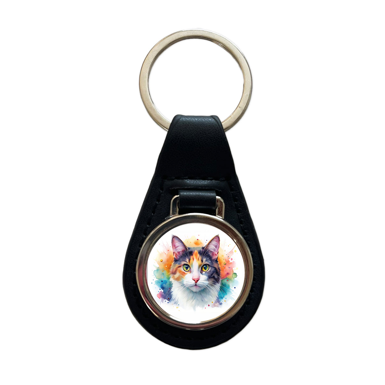 Calico Cat Watercolor Style Black Leather Metal Keychain