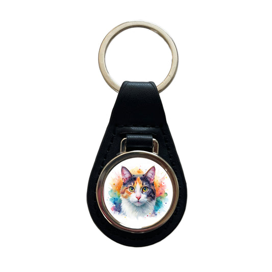 Calico Cat Watercolor Style Black Leather Metal Keychain
