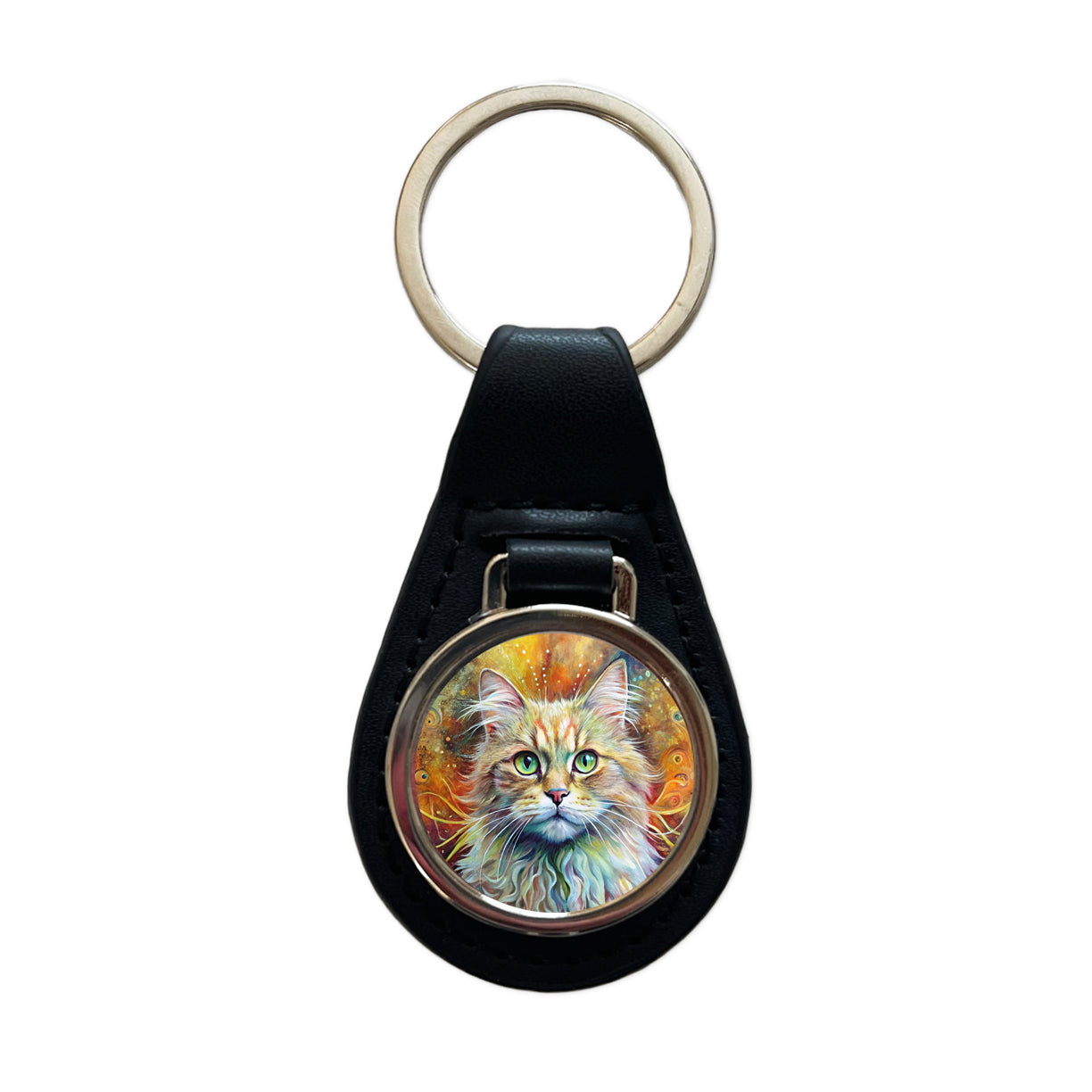 Persian Cat Abstract Art Black Leather Metal Keychain