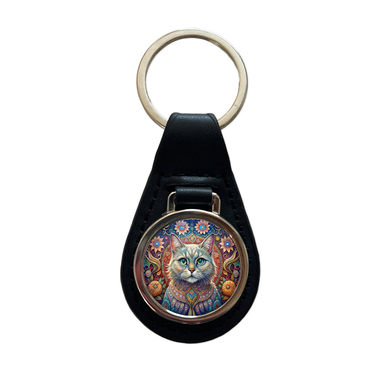Persian Cat Bohemian Art Black Leather Metal Keychain