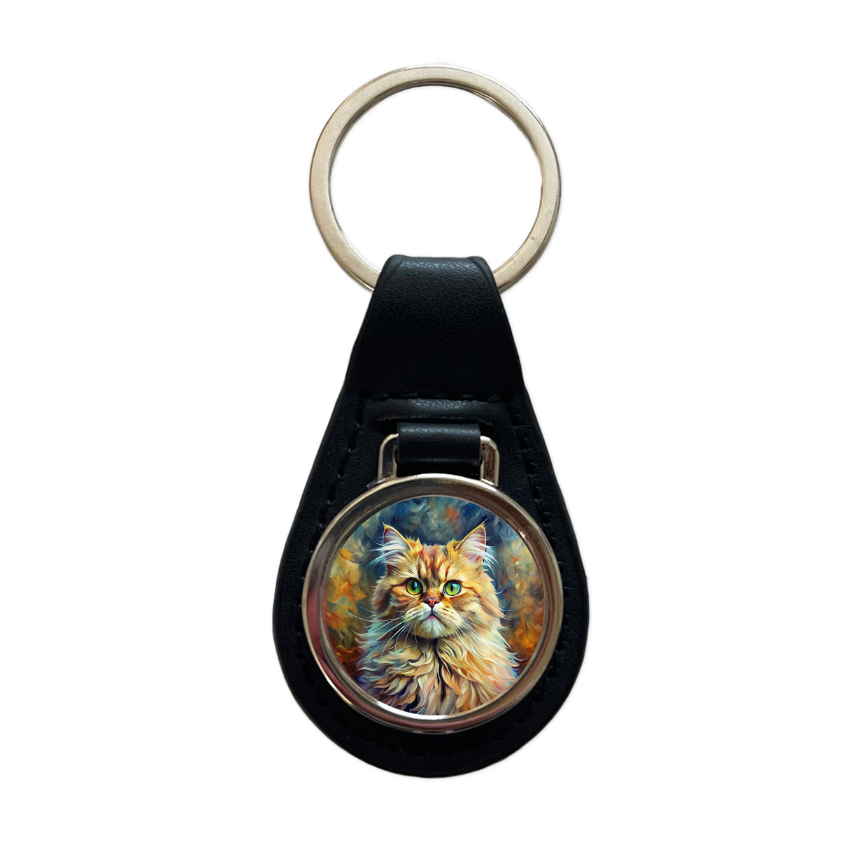 Persian Cat Expressionism Art Black Leather Metal Keychain