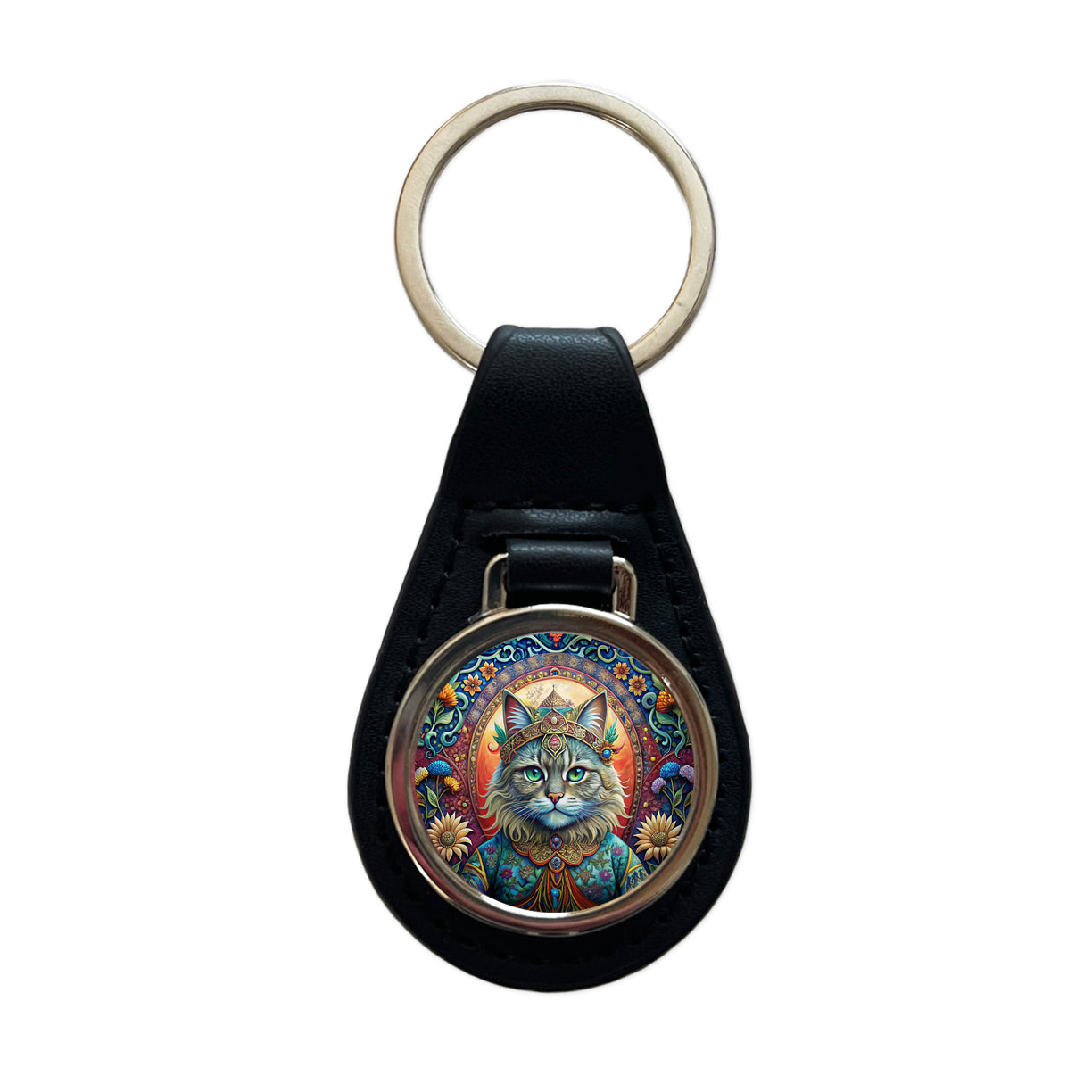 Persian Cat French Bohemian Art Black Leather Metal Keychain
