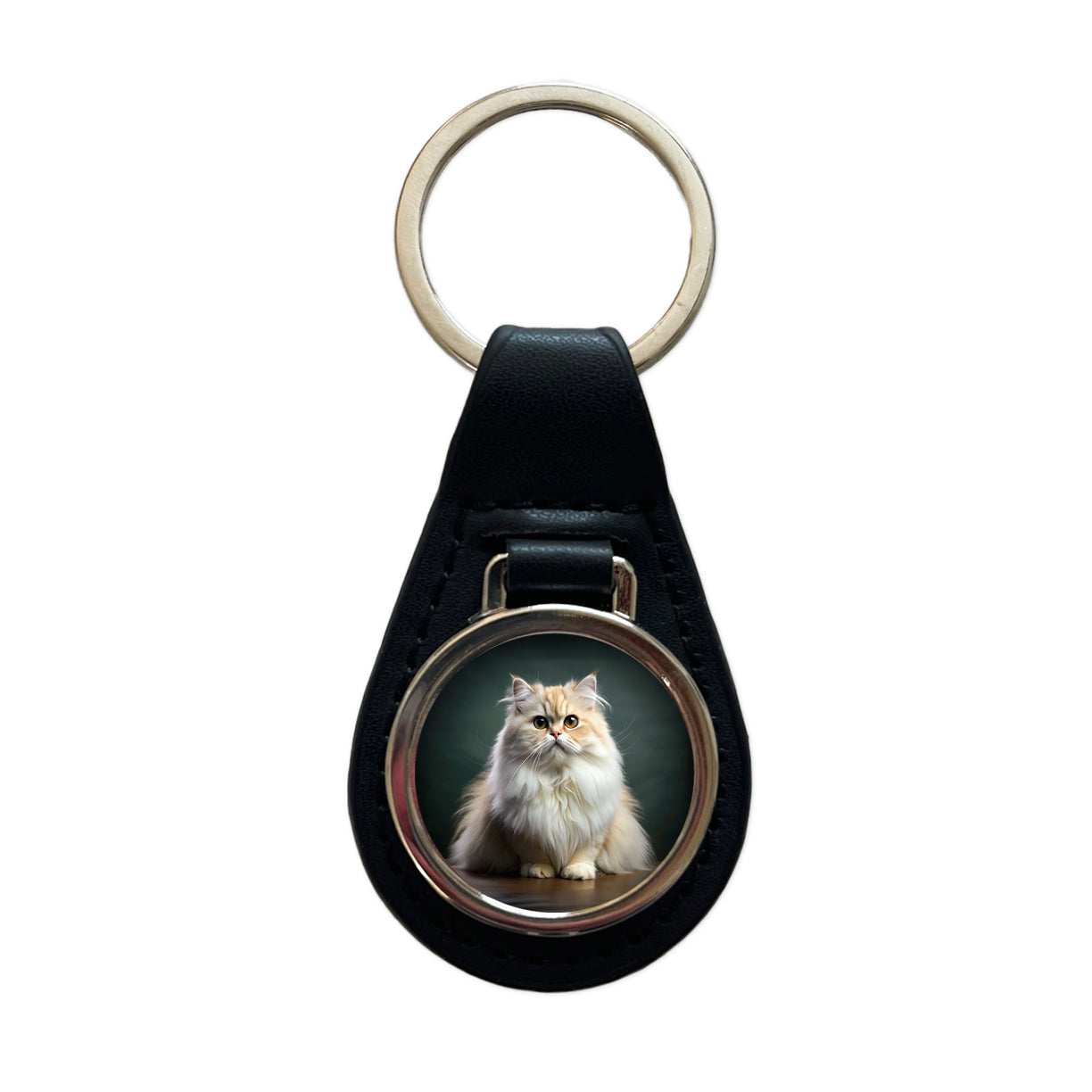 Persian Cat Photo Black Leather Metal Keychain