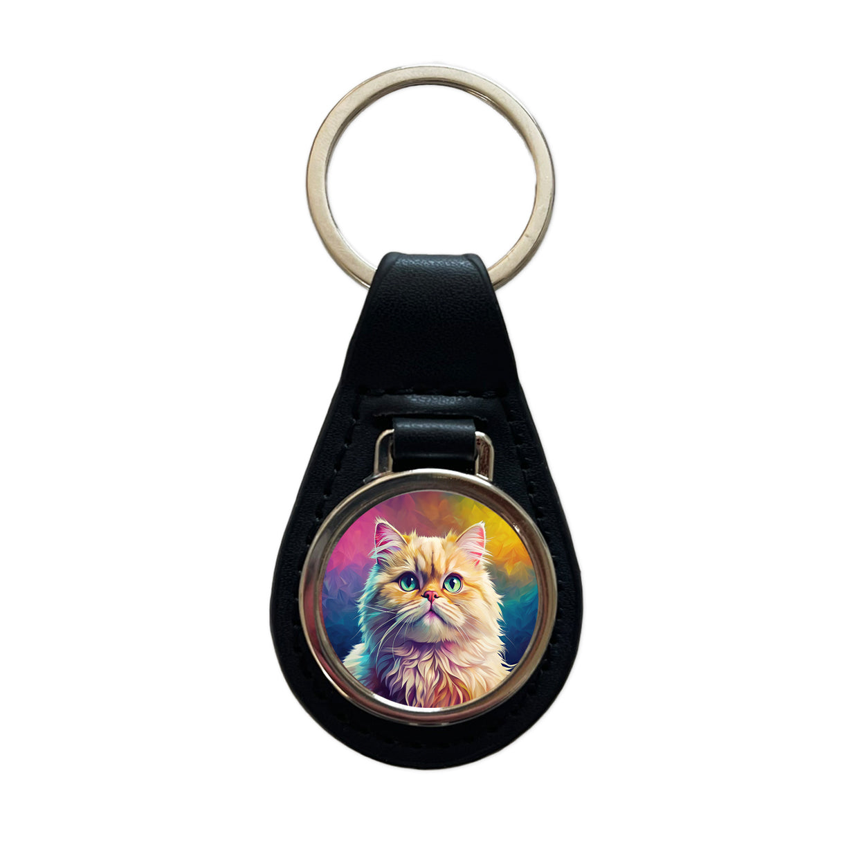 Persian Cat Pop Art Black Leather Metal Keychain