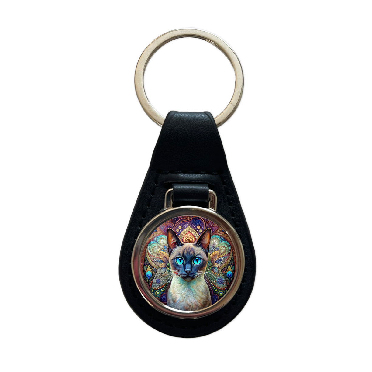 Siamese Cat Bohemian Art Black Leather Metal Keychain