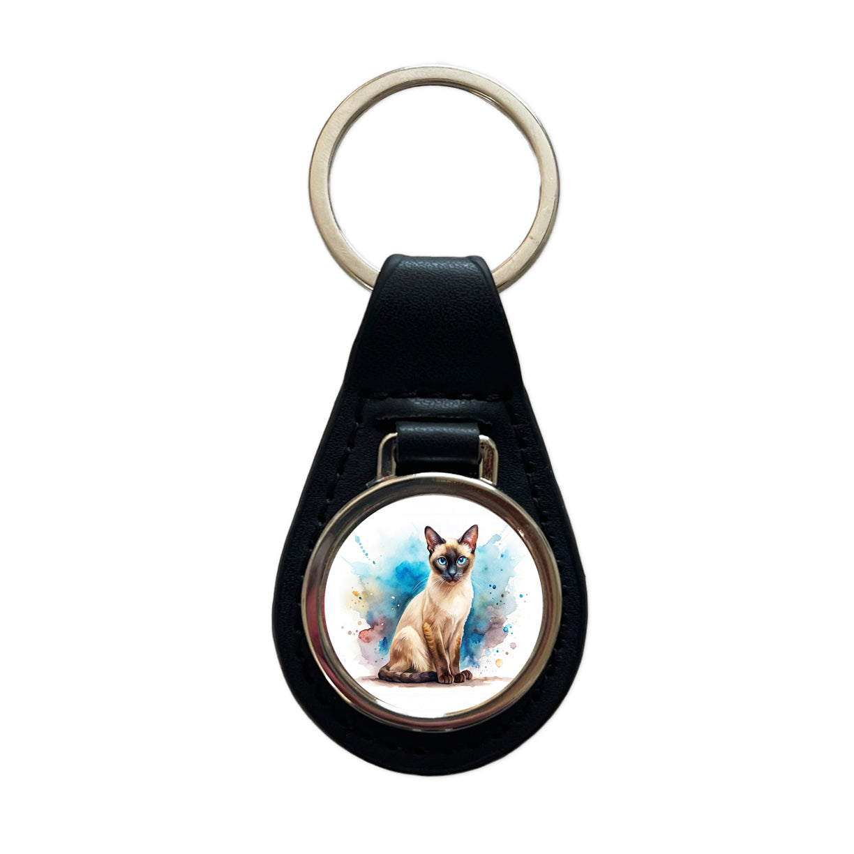 Siamese Cat Watercolor Style Black Leather Metal Keychain