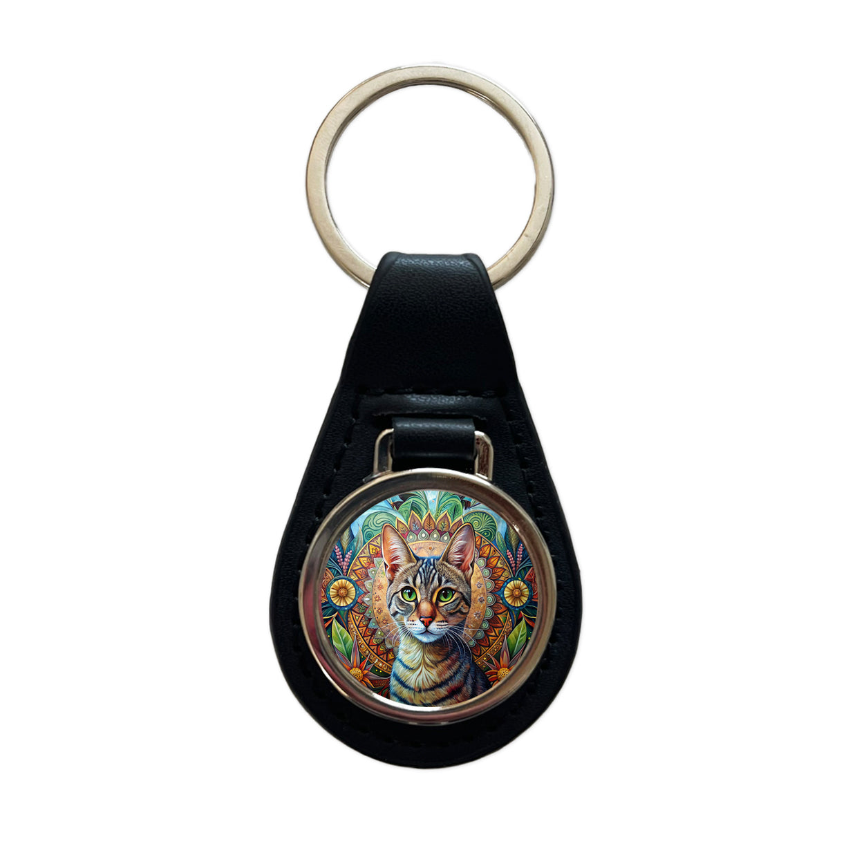 Tabby Cat Bohemian Art Black Leather Metal Keychain
