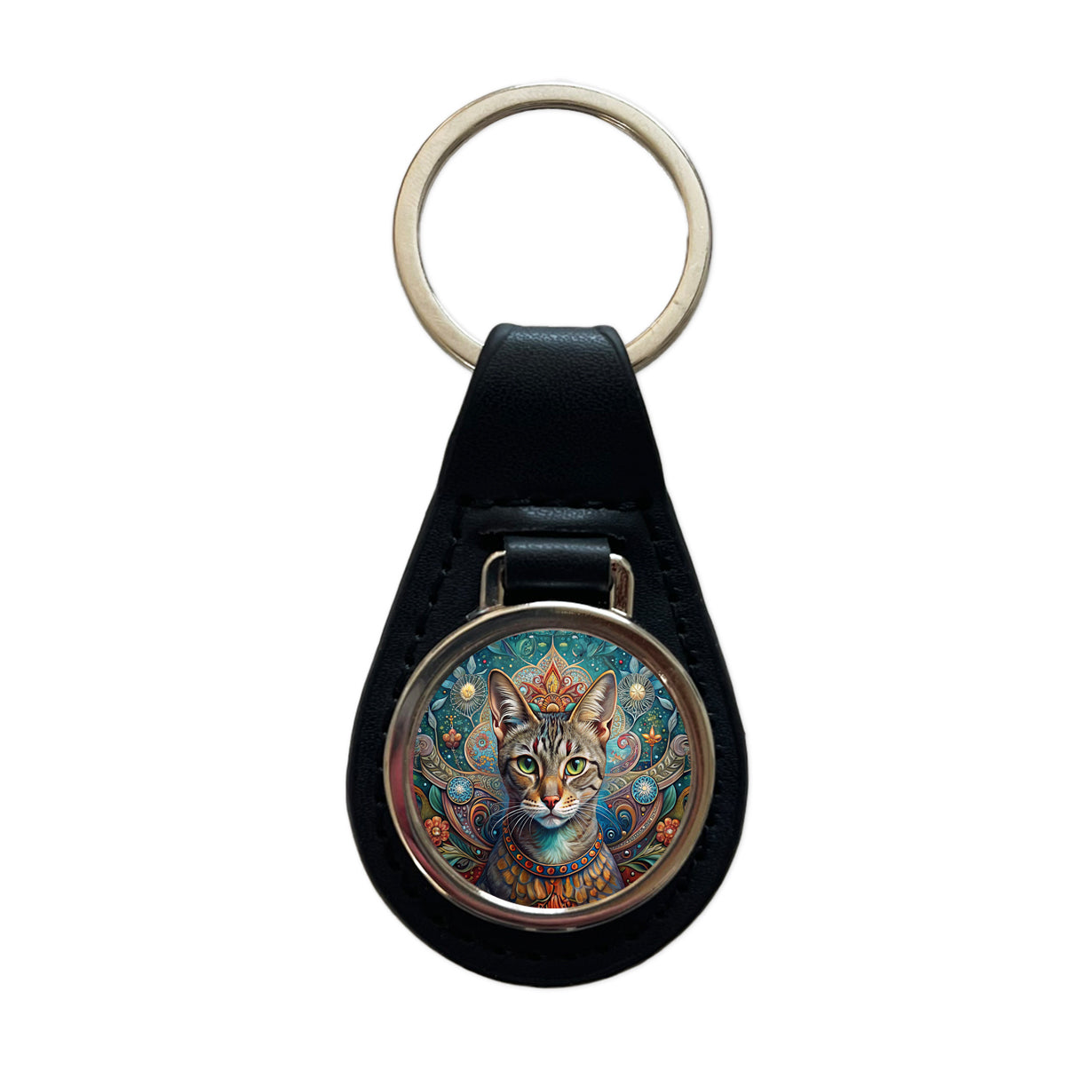 Tabby Cat French Bohemian Art Black Leather Metal Keychain