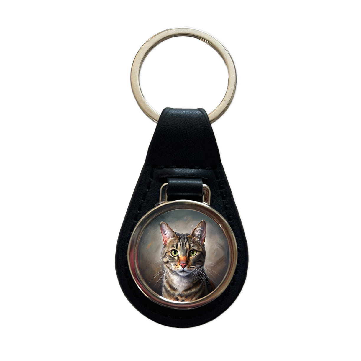 Tabby Cat Illustration Black Leather Metal Keychain