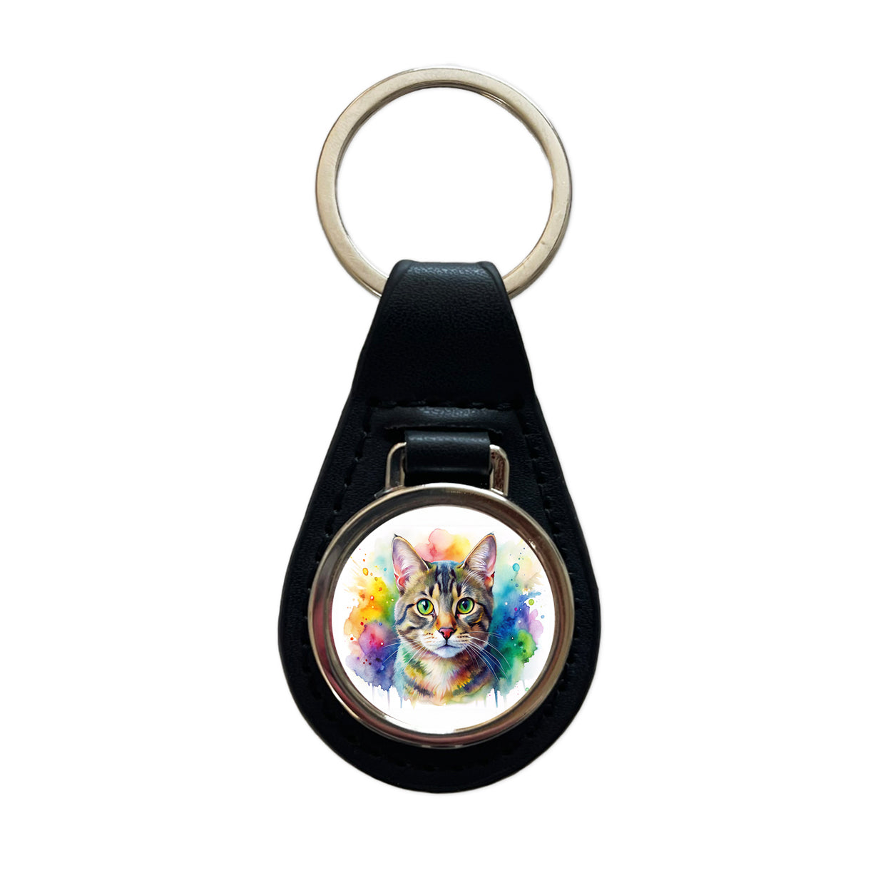 Tabby Cat Watercolor Style Black Leather Metal Keychain