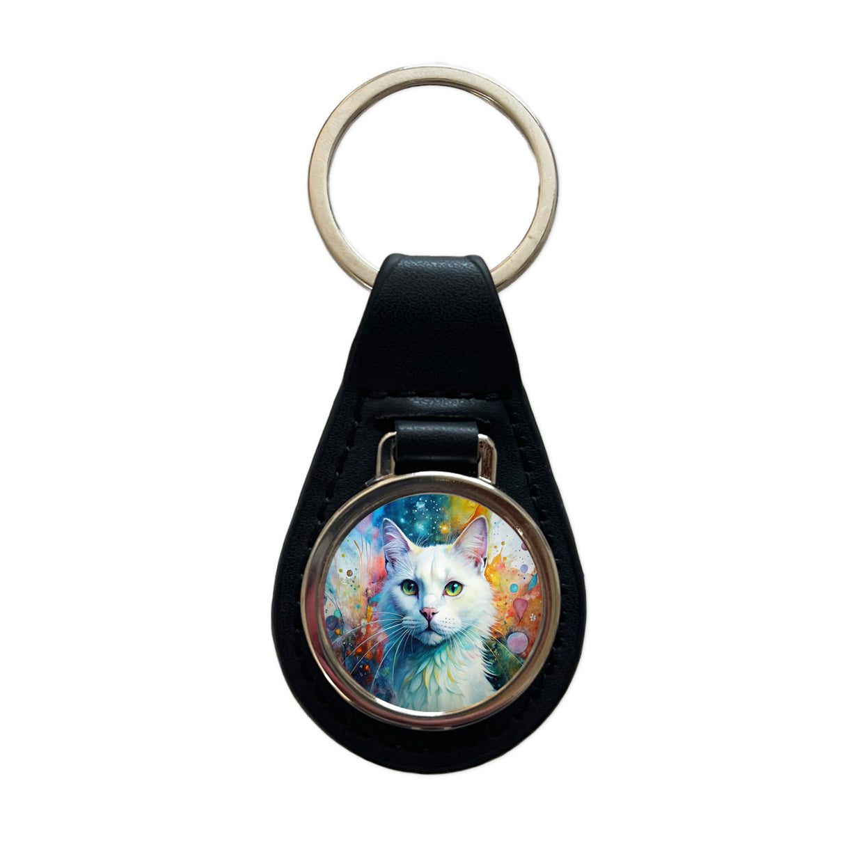 White Cat Abstract Art Black Leather Metal Keychain