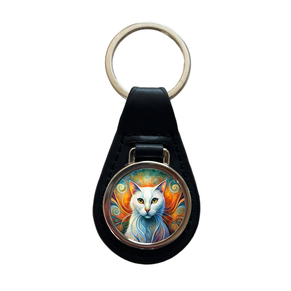 White Cat Abstract Stylized Art Black Leather Metal Keychain