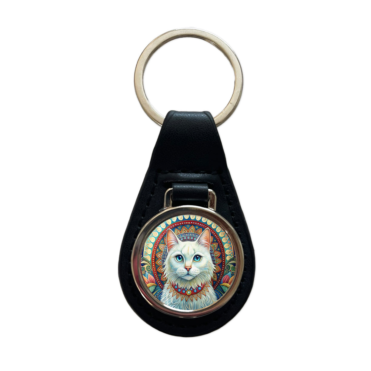 White Cat Bohemian Art Black Leather Metal Keychain