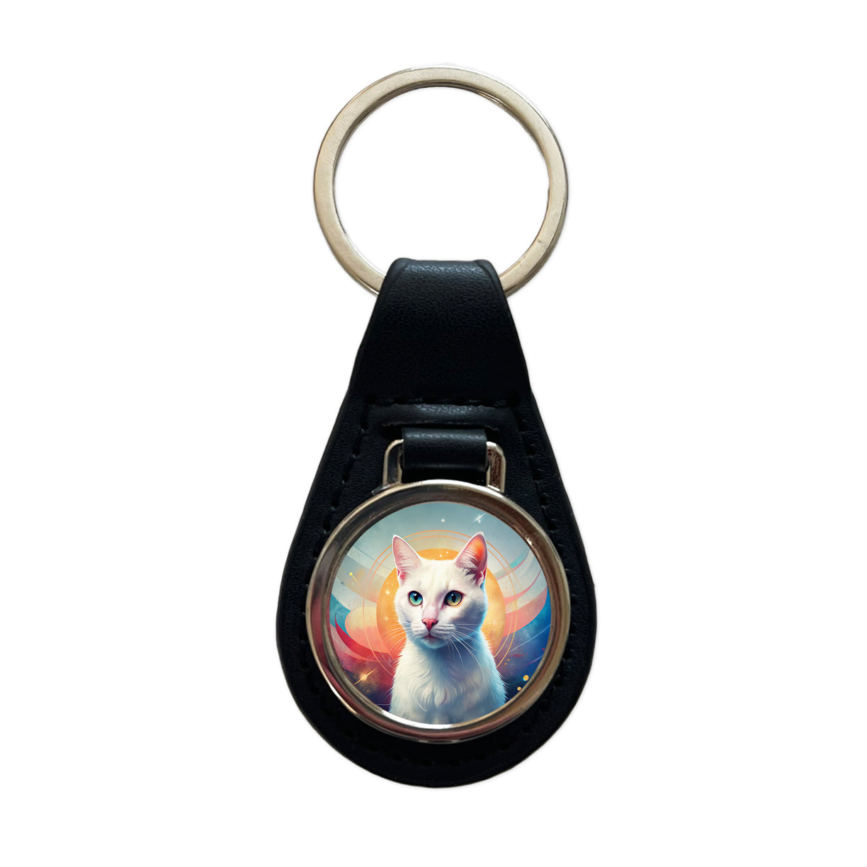 White Cat Contemporary Art Black Leather Metal Keychain