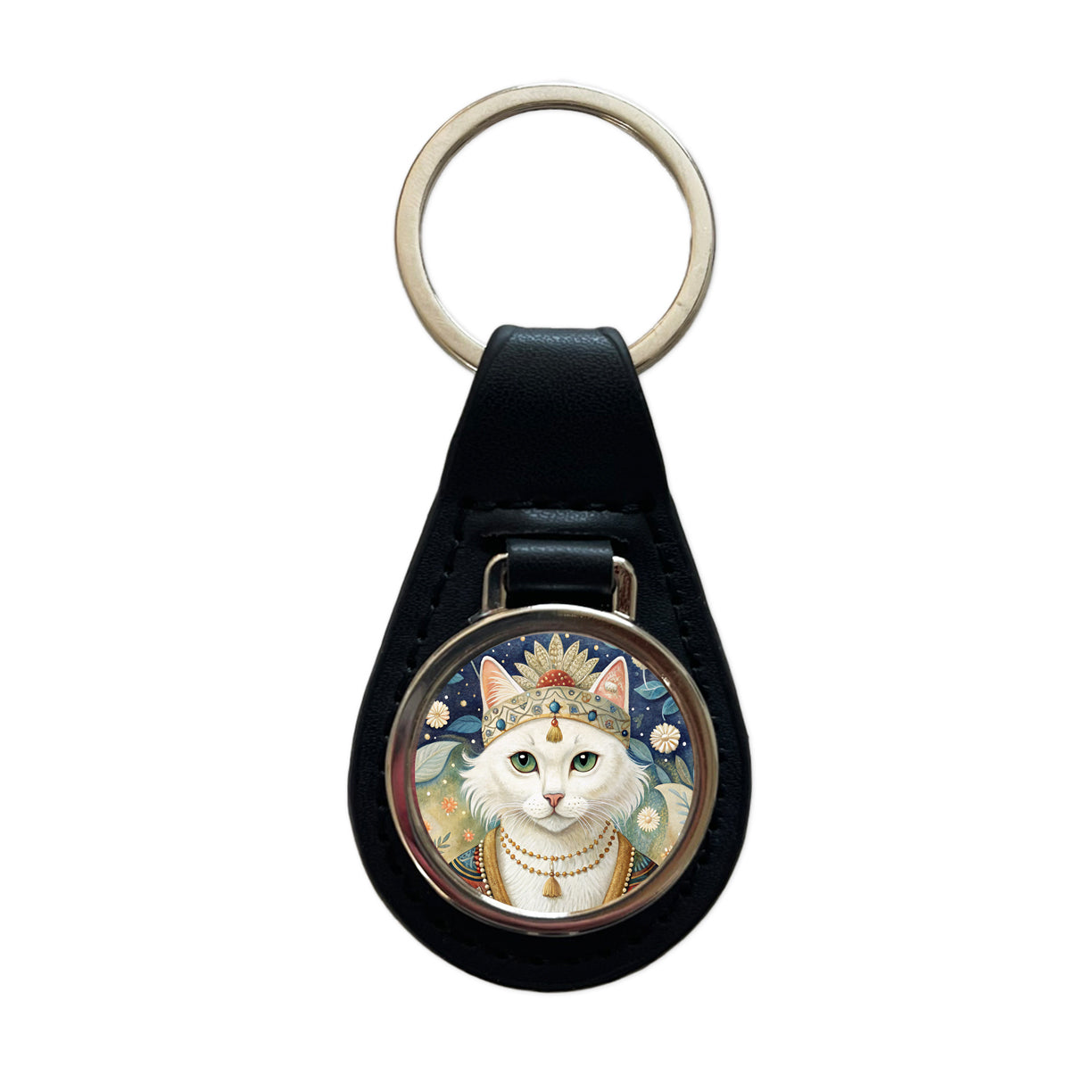 White Cat French Bohemian Art Black Leather Metal Keychain