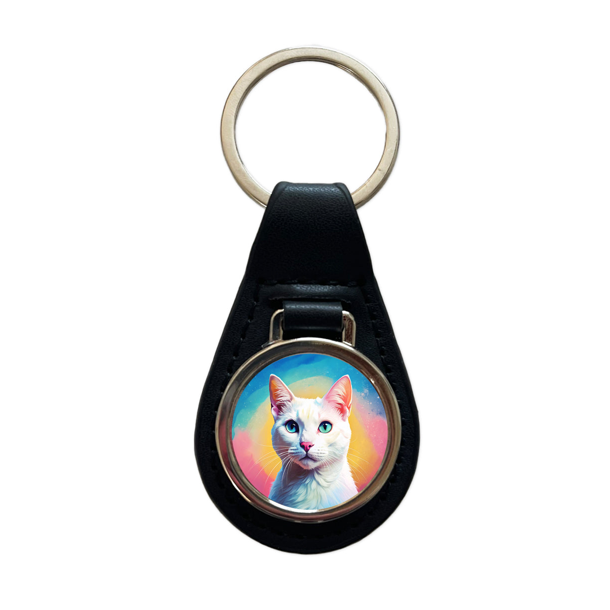 White Cat Pop Art Black Leather Metal Keychain