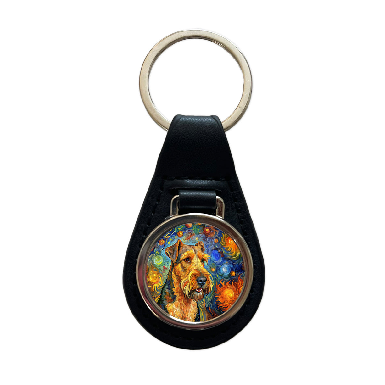 Airedale Terrier Dog Abstract Art Black Leather Metal Keychain