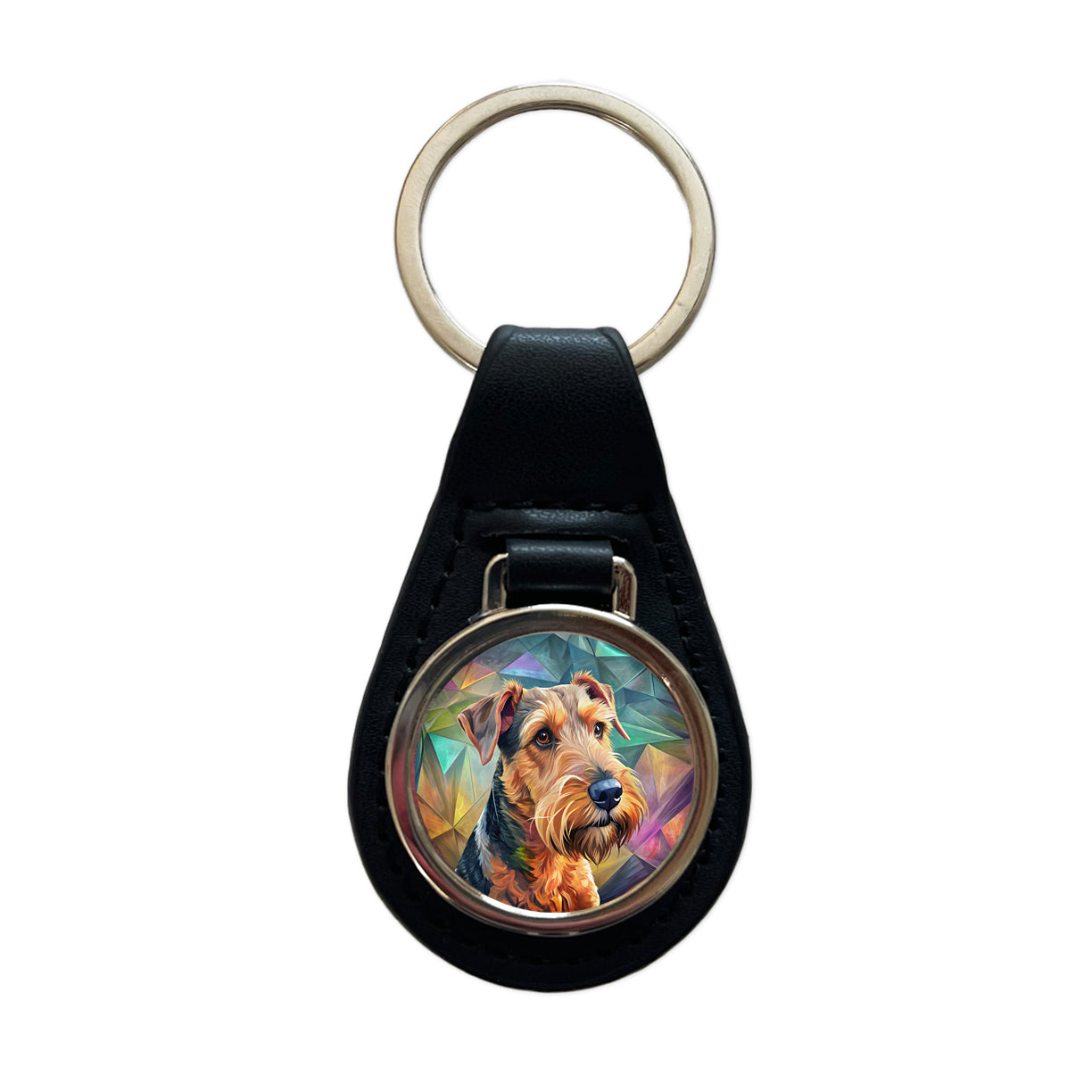 Airedale Terrier Dog Contemporary Art Black Leather Metal Keychain