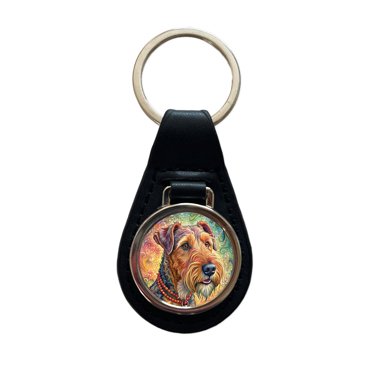 Airedale Terrier Dog French Bohemian Art Black Leather Metal Keychain