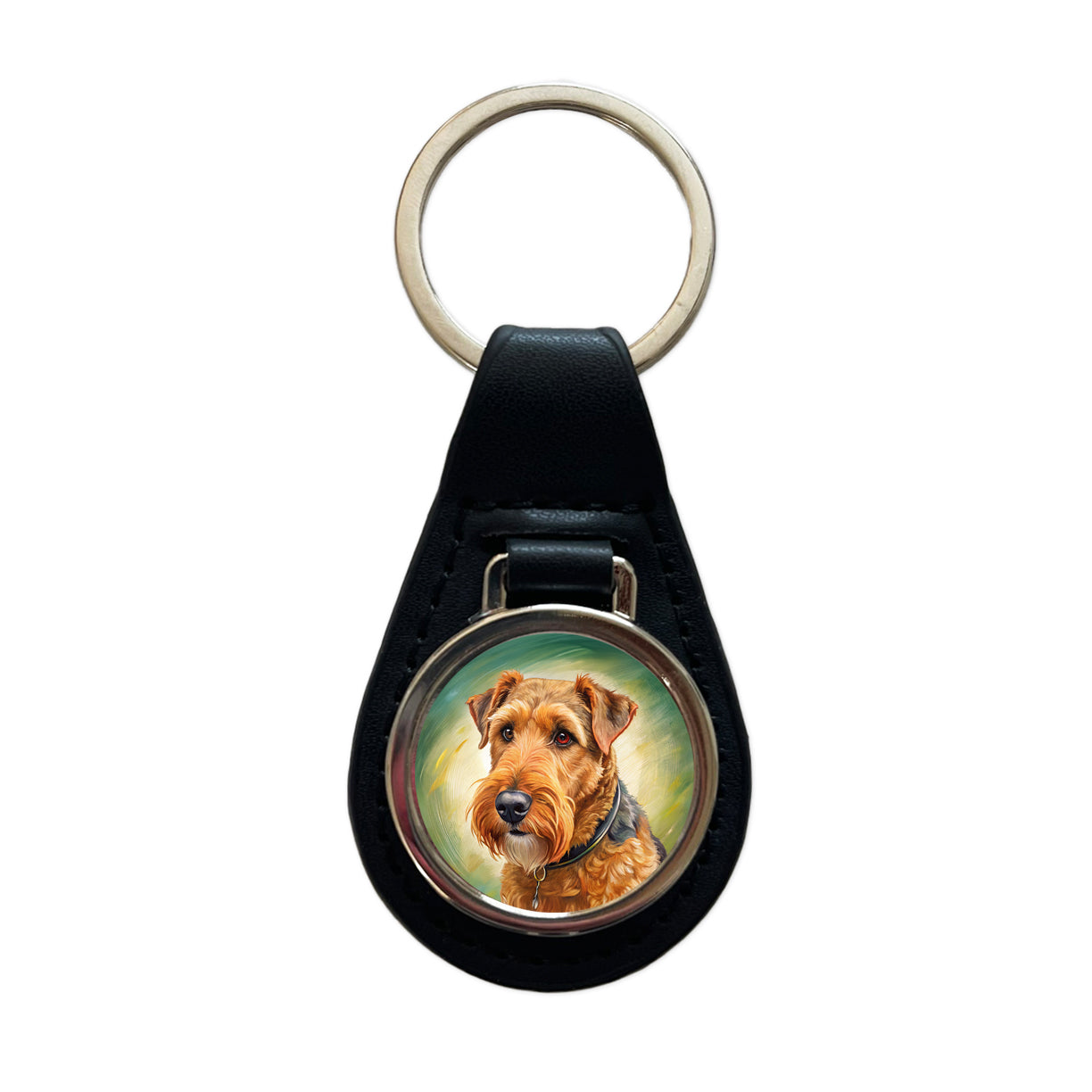 Airedale Terrier Dog Illustration Black Leather Metal Keychain