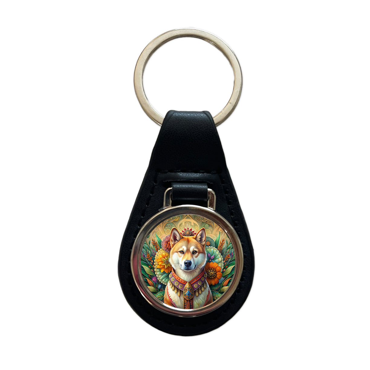 Akita Dog French Bohemian Art Black Leather Metal Keychain