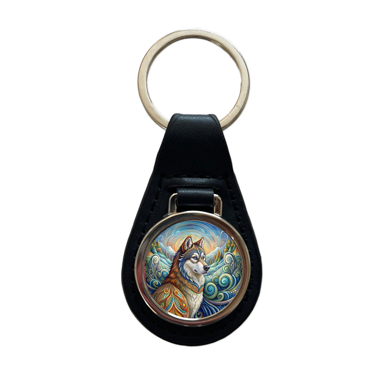 Alaskan Malamute Dog Art Nouveau Black Leather Metal Keychain