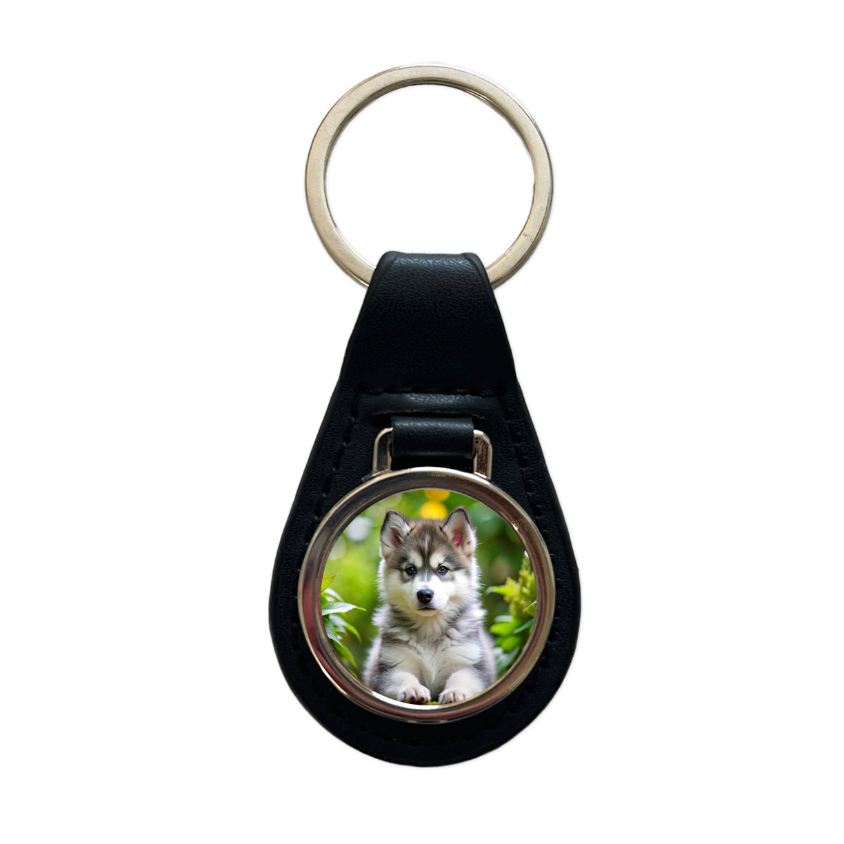 Alaskan Malamute Dog Puppy Photo Black Leather Metal Keychain