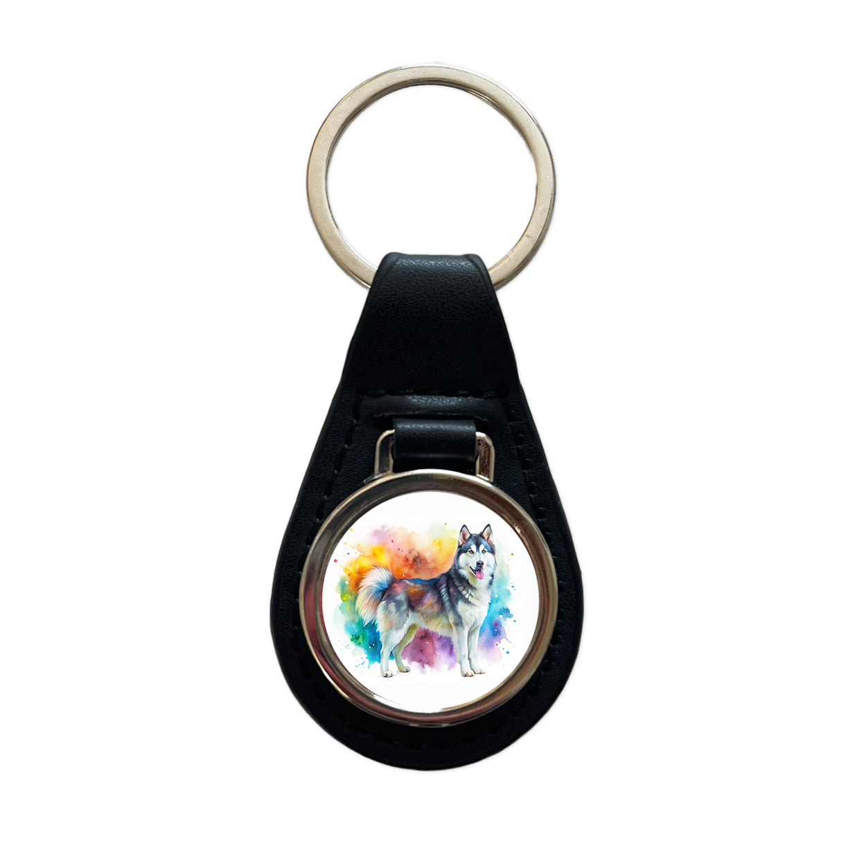 Alaskan Malamute Dog Watercolor Style Black Leather Metal Keychain