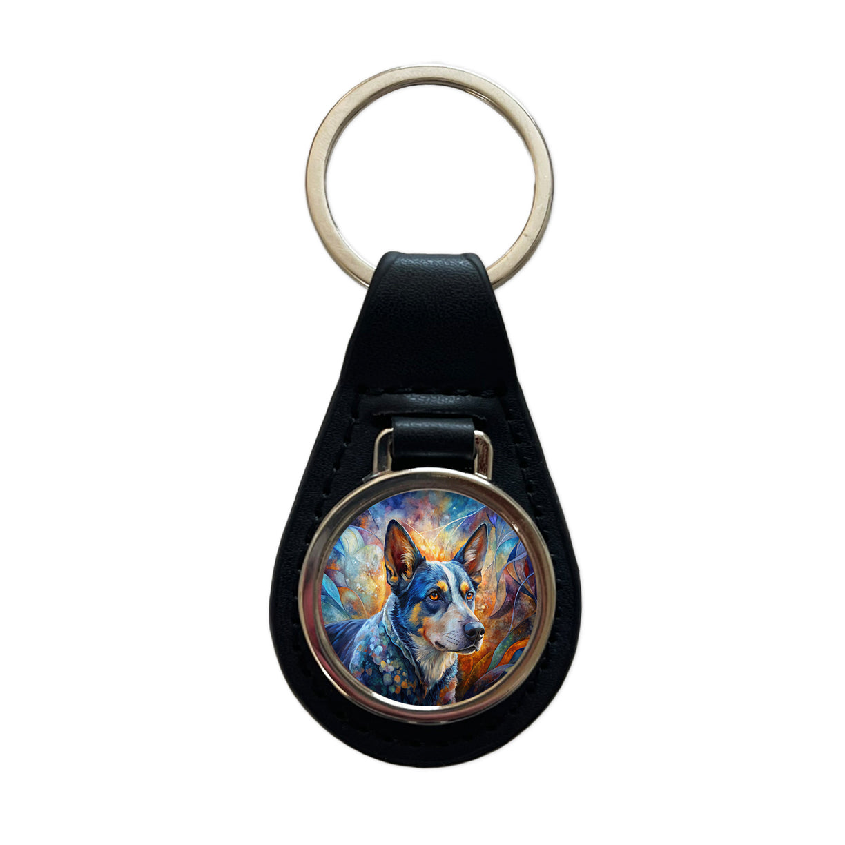Australian Cattle Dog Abstract Art Black Leather Metal Keychain