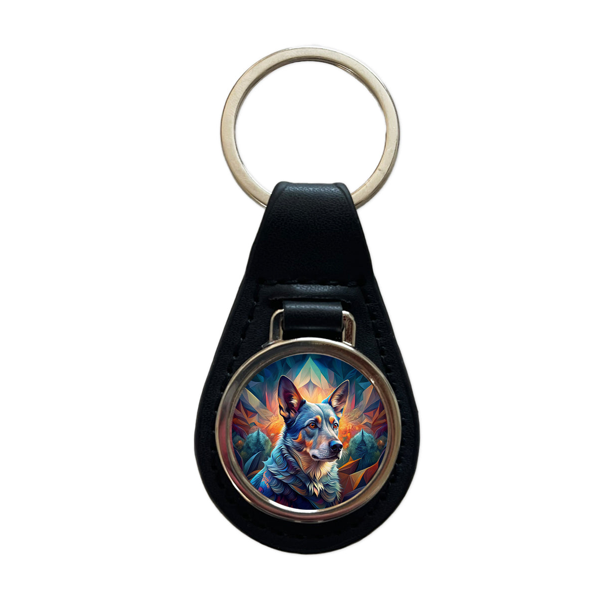 Australian Cattle Dog Abstract Stylized Art Black Leather Metal Keychain