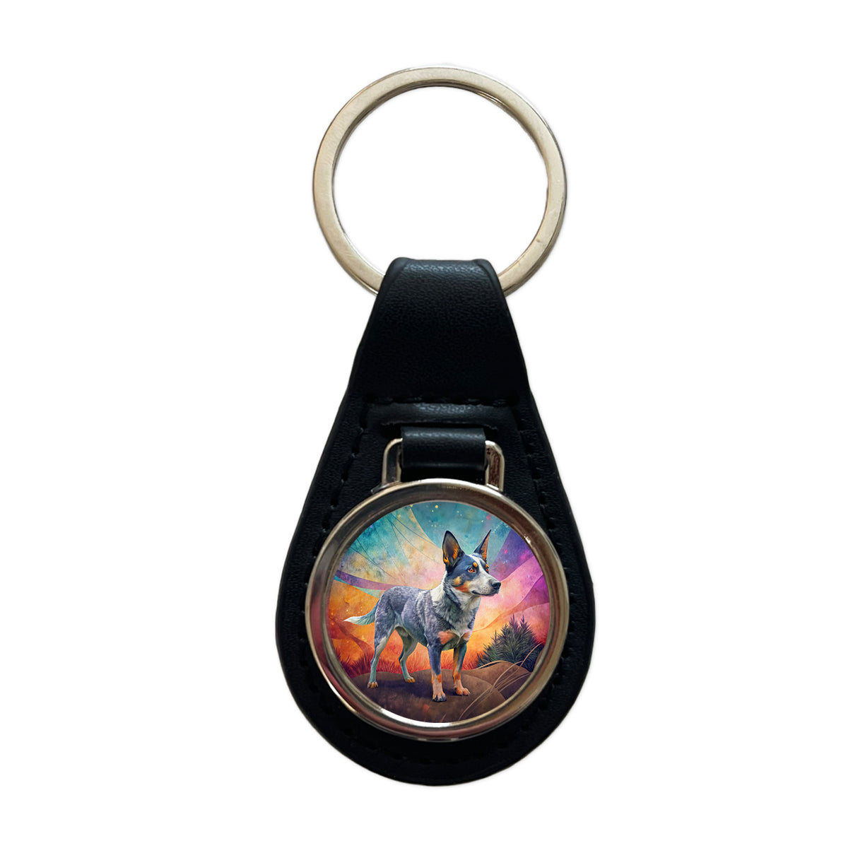 Australian Cattle Dog Contemporary Art Black Leather Metal Keychain