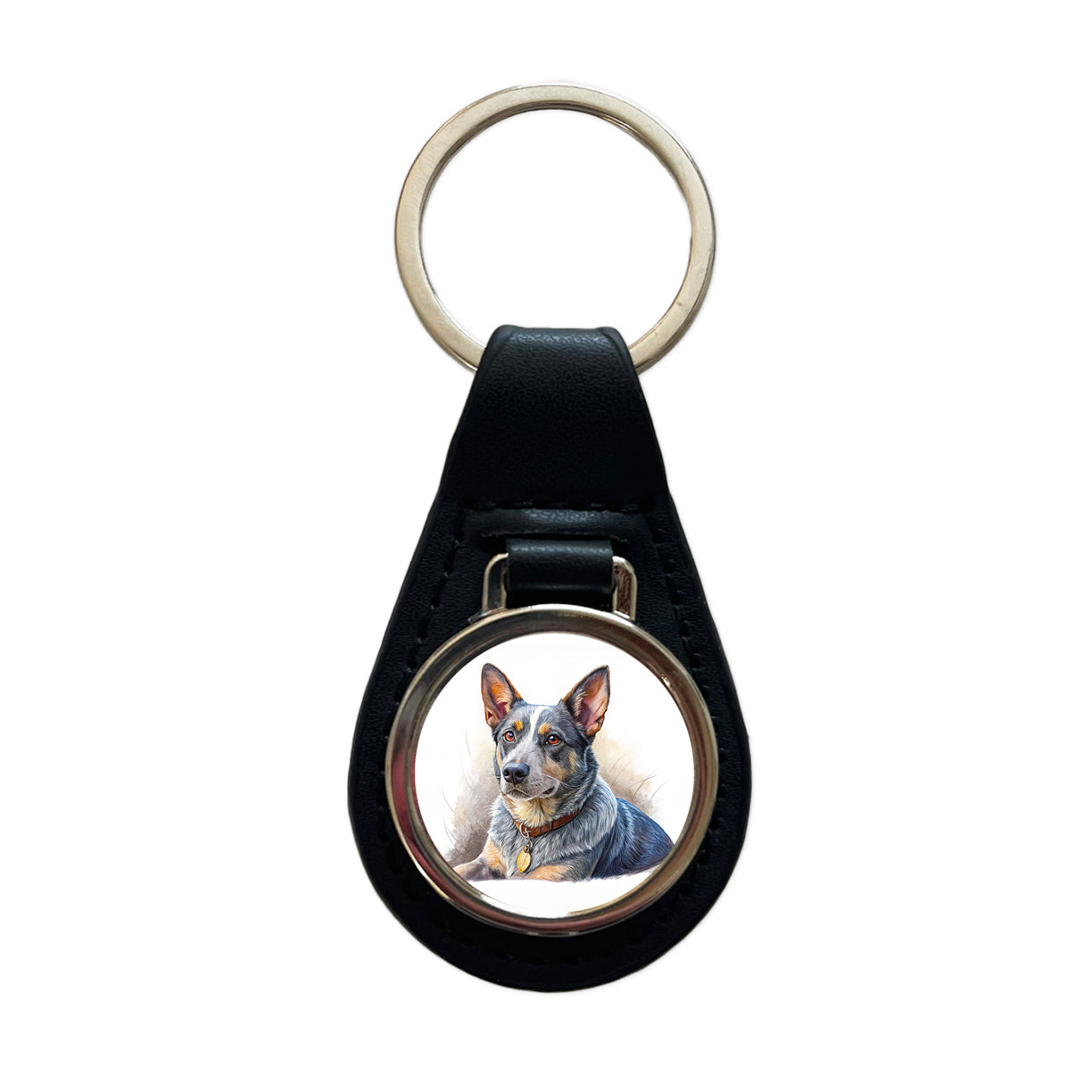 Australian Cattle Dog Illustration Black Leather Metal Keychain