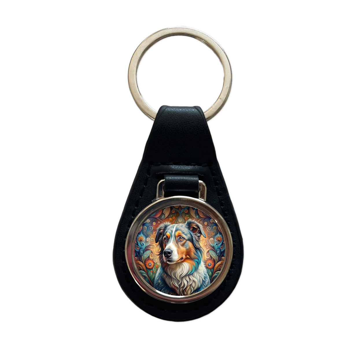 Australian Shepherd Dog Bohemian Art Black Leather Metal Keychain