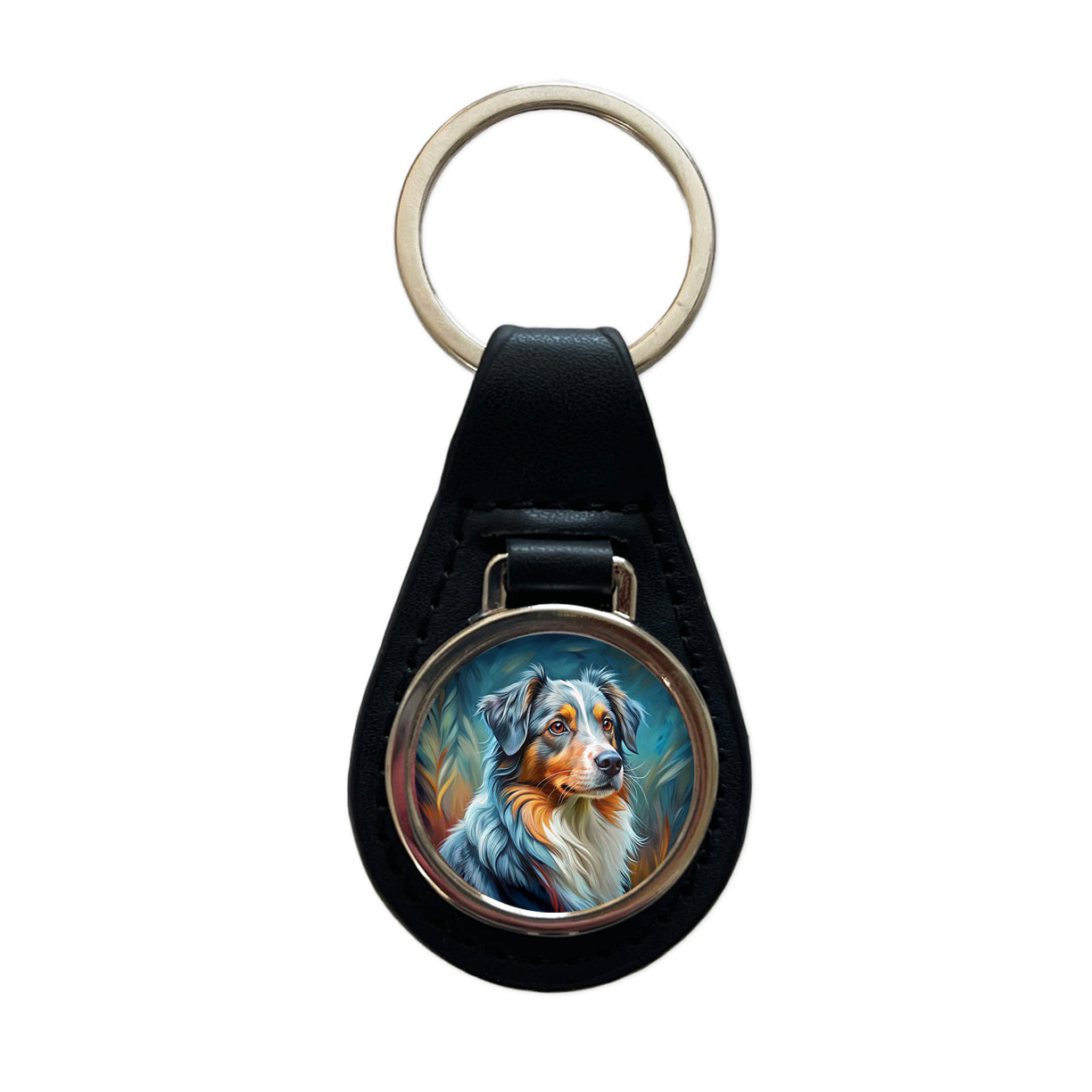 Australian Shepherd Dog Expressionism Art Black Leather Metal Keychain
