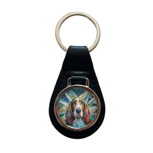 Basset Hound Dog Abstract Art Black Leather Metal Keychain