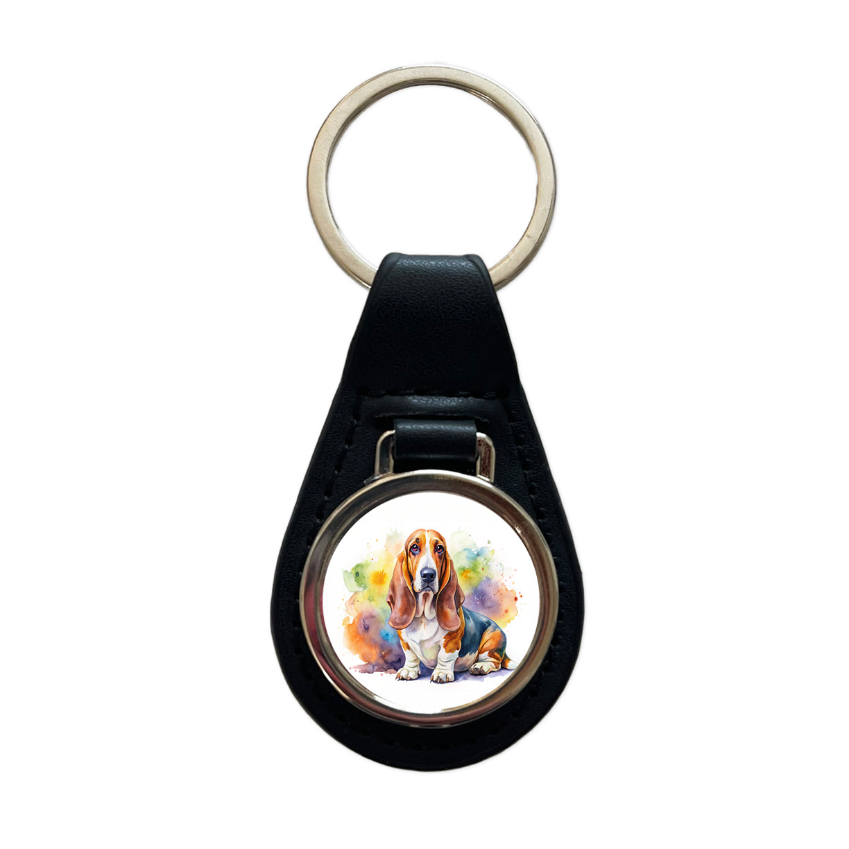 Basset Hound Dog Watercolor Style Black Leather Metal Keychain