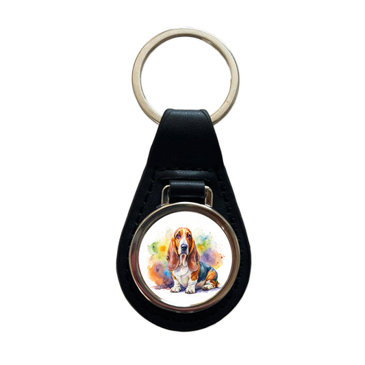Basset Hound Dog Watercolor Style Black Leather Metal Keychain
