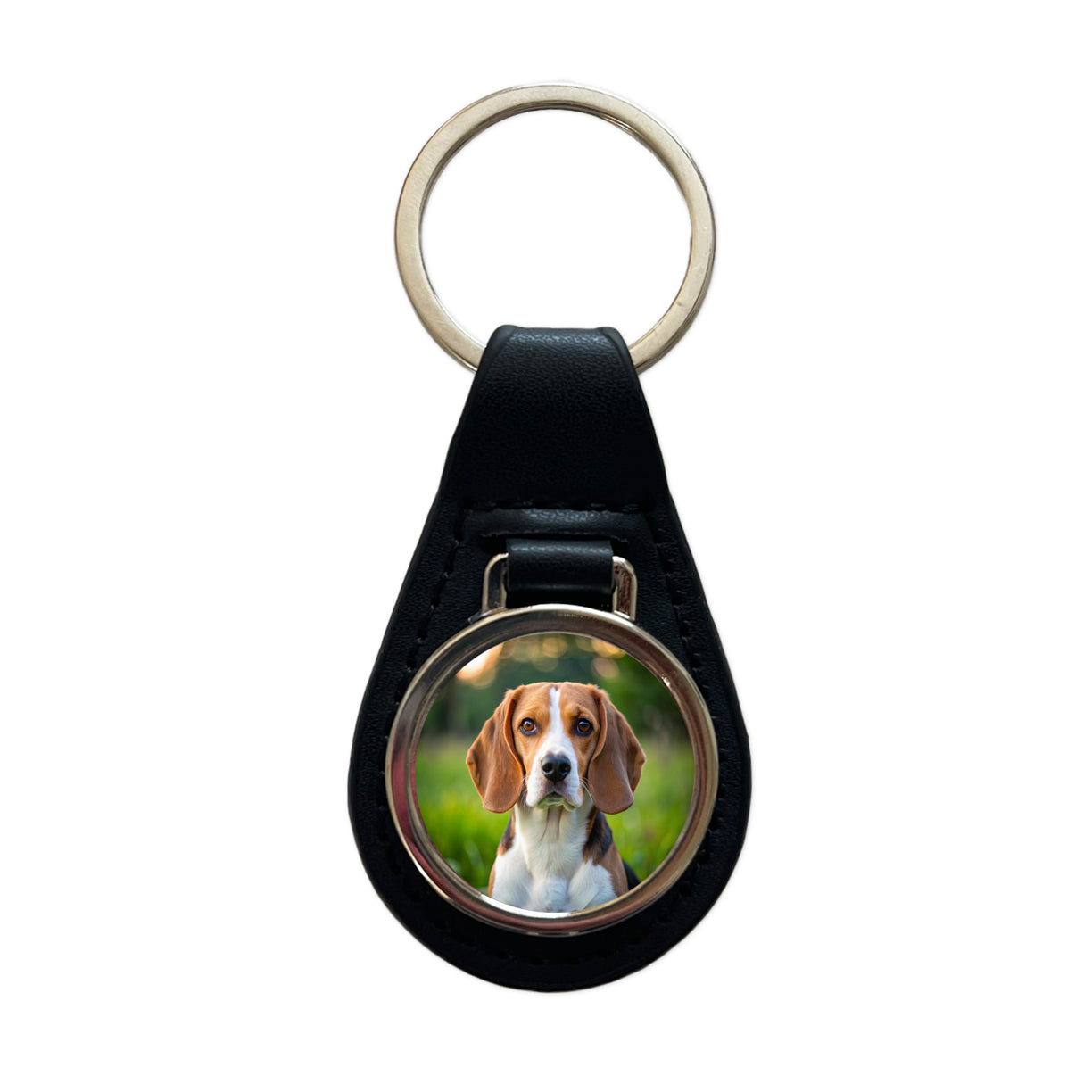 Beagle Dog Photo Black Leather Metal Keychain