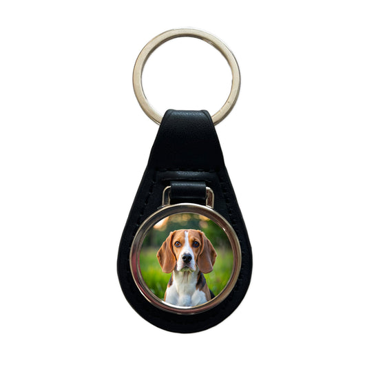 Beagle Dog Photo Black Leather Metal Keychain
