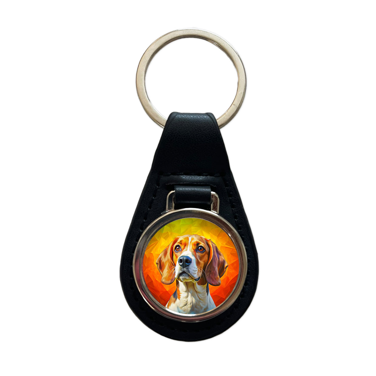 Beagle Dog Pop Art Black Leather Metal Keychain