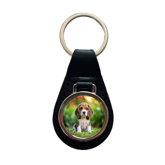 Beagle Dog Puppy Photo Black Leather Metal Keychain