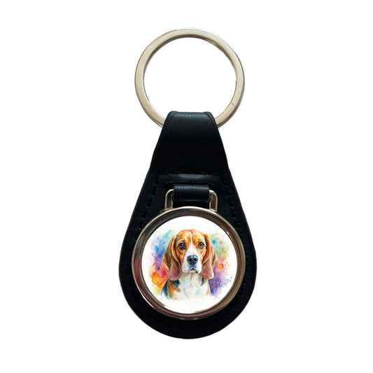 Beagle Dog Watercolor Style Black Leather Metal Keychain